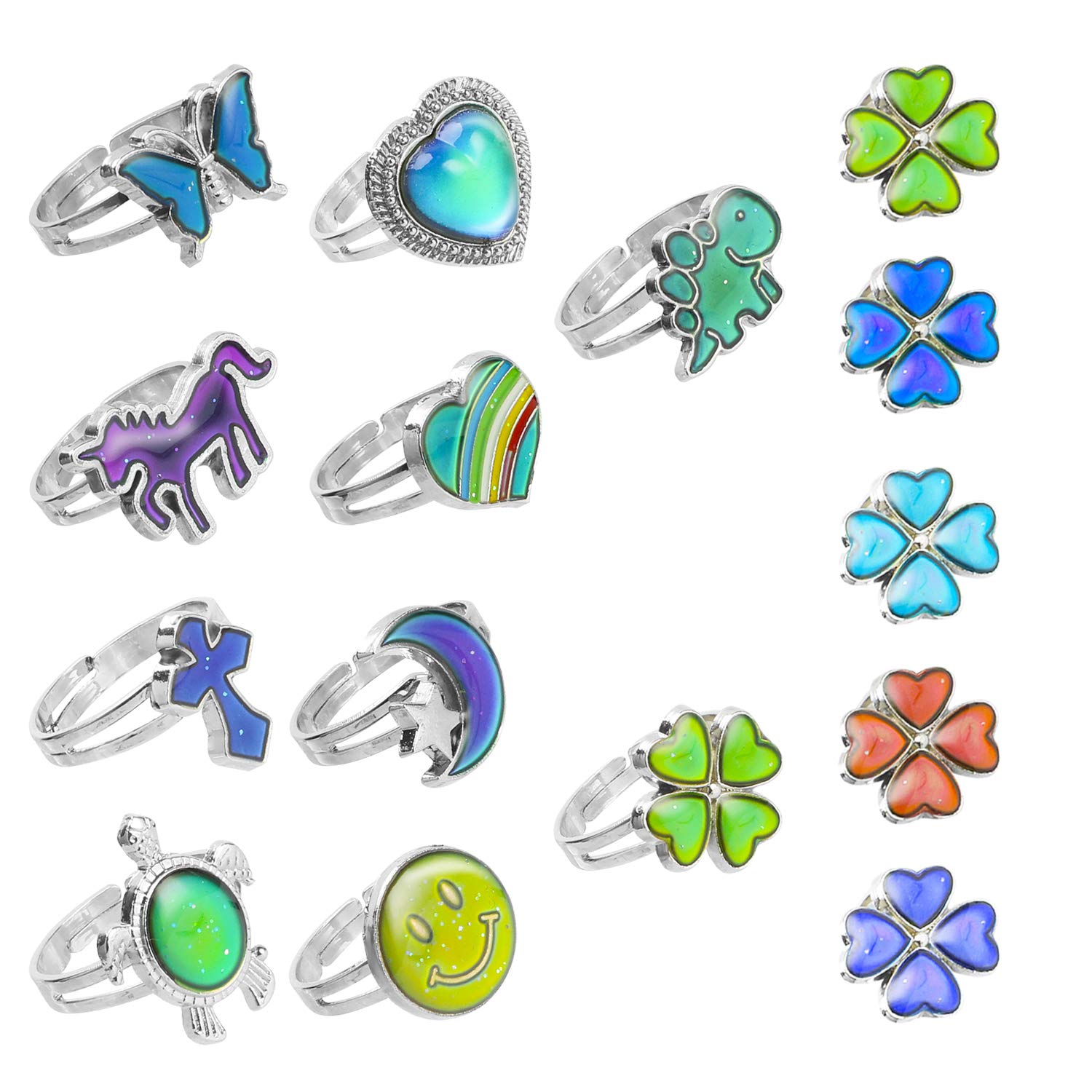 Hifot Adjustable Mood Rings Set 10pcs, Unicorn Butterfly Dinosaur Color Changing Mood Ring for Women Men Girl, Birthday Party Favors and Party Bag Fillers