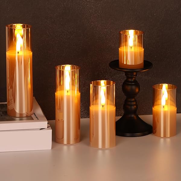 GIRIMAX GOLD GLASS FLAMELESS CANDLES WITH REMOTE BATTERIES, FLICKERING SLIM LED PILLAR CANDLES HOME TABLE DECOR SET OF 5