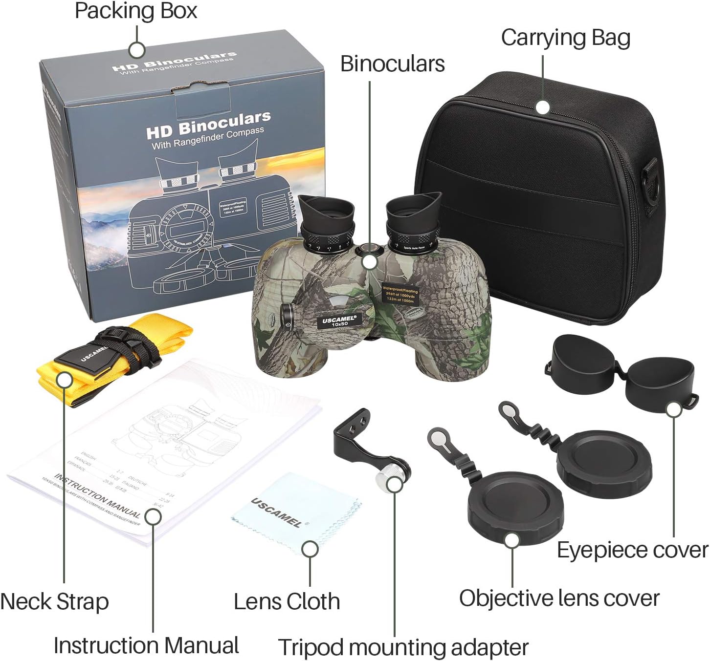 USCAMEL 10x50 Marine Binoculars for Adults, Waterproof Binoculars with Rangefinder Compass，BAK4 Prism FMC Lens Binoculars with Tripod Adapter for Navigation Bird Watching Hunting : Camera & Photo