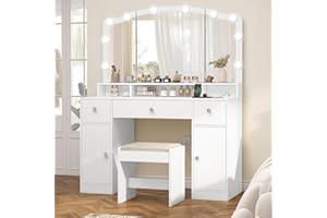 FIONESO Vanity Desk with Triple Folding Mirror, Makeup Vanity with Power Outlet, Vanity Desk with 10 Lights, 3 Drawers & 2 Cabinets, Makeup Vanity Table with Soft Cushioned Stool for Women, Bedroom, White