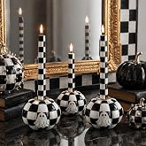 Mumufy 3 Pcs Halloween Black White Checkerboard Decor Candle Holder | Ceramic Goth Desktop Candle Holder, Pumpkin Table Decoration, Holiday Modern Home Centerpiece, Candles Not Included