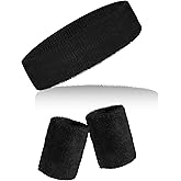 Sucrain 3 Pieces Sweatbands Set, 1 Pieces Sports Headband and 2 Pieces Wristbands, Wicking Sweat Head Band for Men Women Outfit Sport