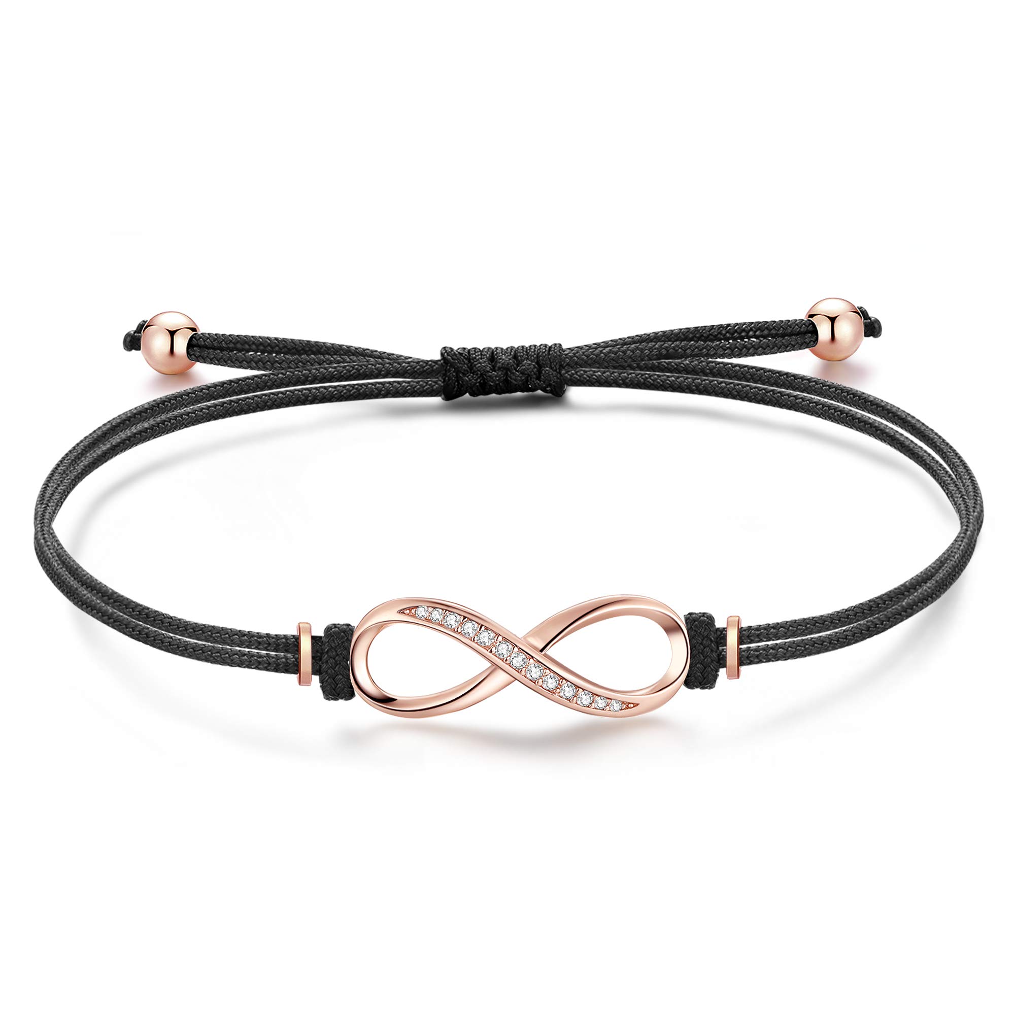 Jrêveinfini Infinity Bracelet for Women Girls Sterling Silver 925 Sister Best Friendship Bracelet Charms Personalised Adjustable Rope Granddaughter Auntie Black String Bracelet Mum Rose Gold