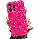 FABSPARK Case for iPhone 16 Pro,Super Cute Vibrant Neon Glitter Shiny Bling Sparkly Glossy Girly Case,Shockproof Slim Camera Protection for iPhone 16 Pro 6.3 inch,Hot Pink