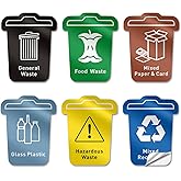 ASAVI Trash Sorting Stickers (6-Pack) &ndash; 6x4.8 Waterproof Vinyl Waste Labels with Strong Adhesive, Durable Outdoor/Indoor Use, Icon-Based Design for Home, Office, Commercial Bins (Bucket-Shaped)
