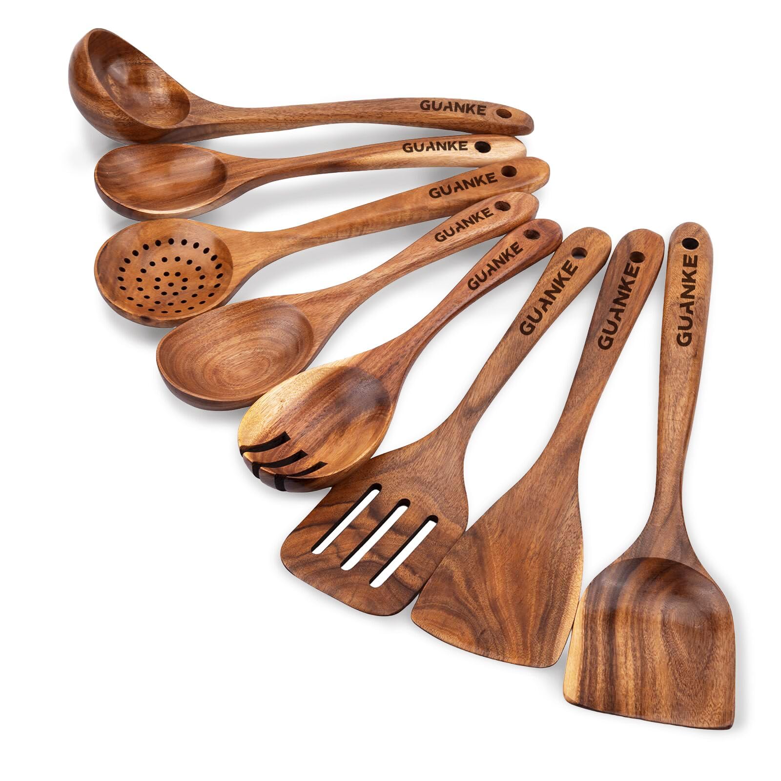 GUANKE Wooden Spoons for Cooking Teak Wood Cooking Utensils Set with Holder & Spoon Rest Smooth Wooden Spoons Utensils Non-Stick Pan Wood Spoons and Spatula Cookware for Kitchen Essentials (8 Spoons)
