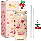 Mason Life Coquette Cute Glass Cup with Lids and Straws Cherry Iced Coffee Cup with Keychain Straw Cover 18oz Drinking Smoothie Matcha Tumbler Valentines Day Gift for Mother Teen Girls Preppy Stuff