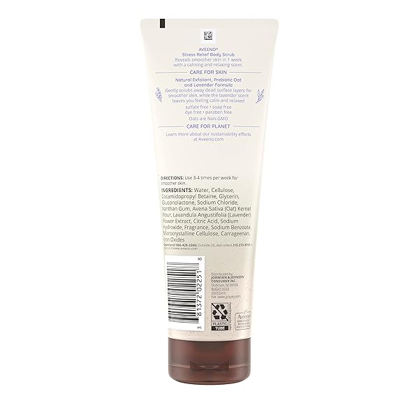 AVEENO STRESS RELIEF BODY SCRUB, EXFOLIATING BODY WASH FOR SOFTER, SMOOTHER SKIN, FORMULATED WITH PREBIOTIC OAT & LAVENDER SCENT TO CALM & RELAX, SULFATE-FREE & SOAP-FREE, 8 FL. OZ