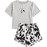 WDIRARA Women's Cartoon Cow Print Short Sleeve Tee and Shorts Pajama Set