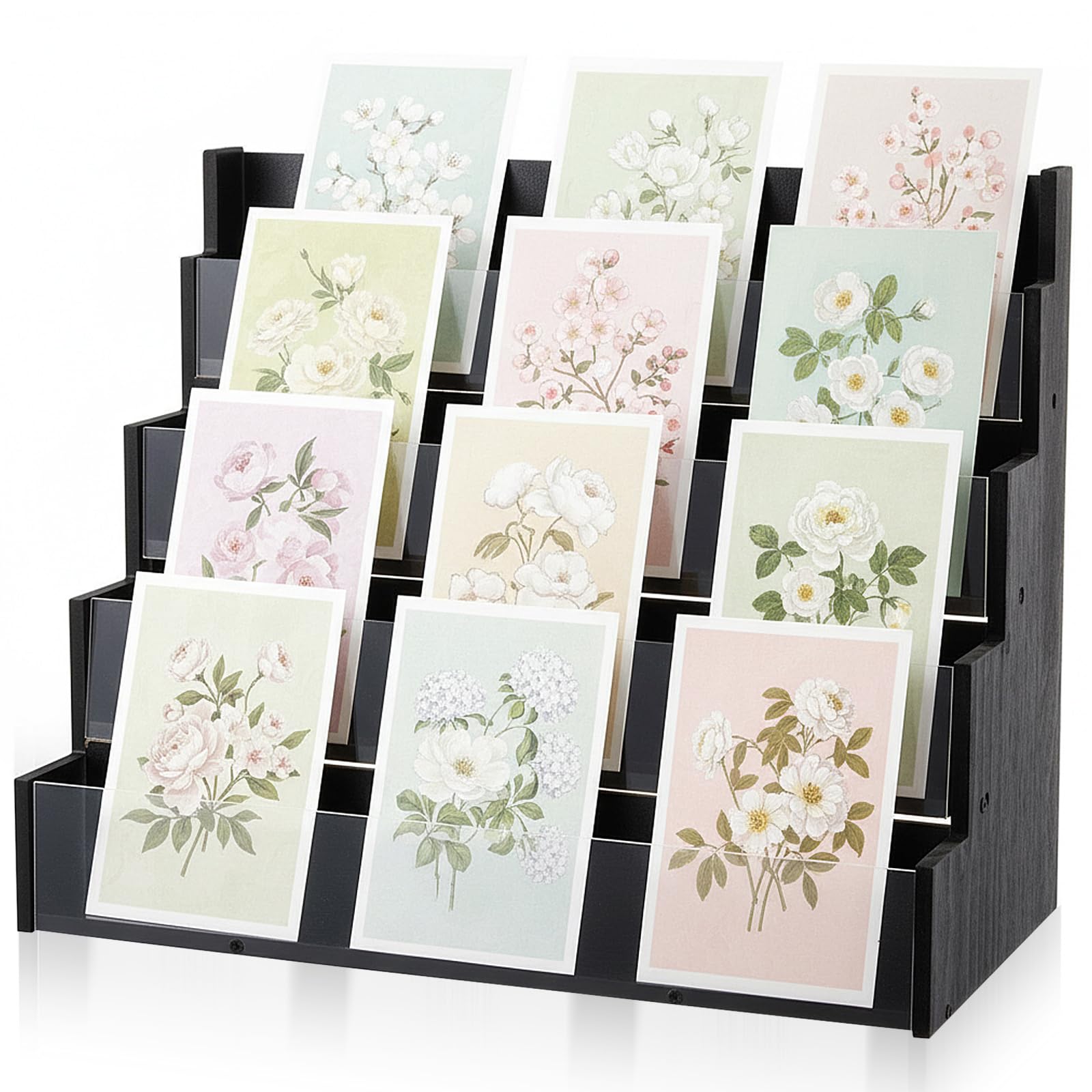 Photo 1 of **MISSING PARTS**
Yuntau 4 Tier Greeting Card Display Stand Black Bamboo and Acrylic Sticker Display Stand Trading Card Holder Retail Photos Shelf for Vendors Craft Collection & Show