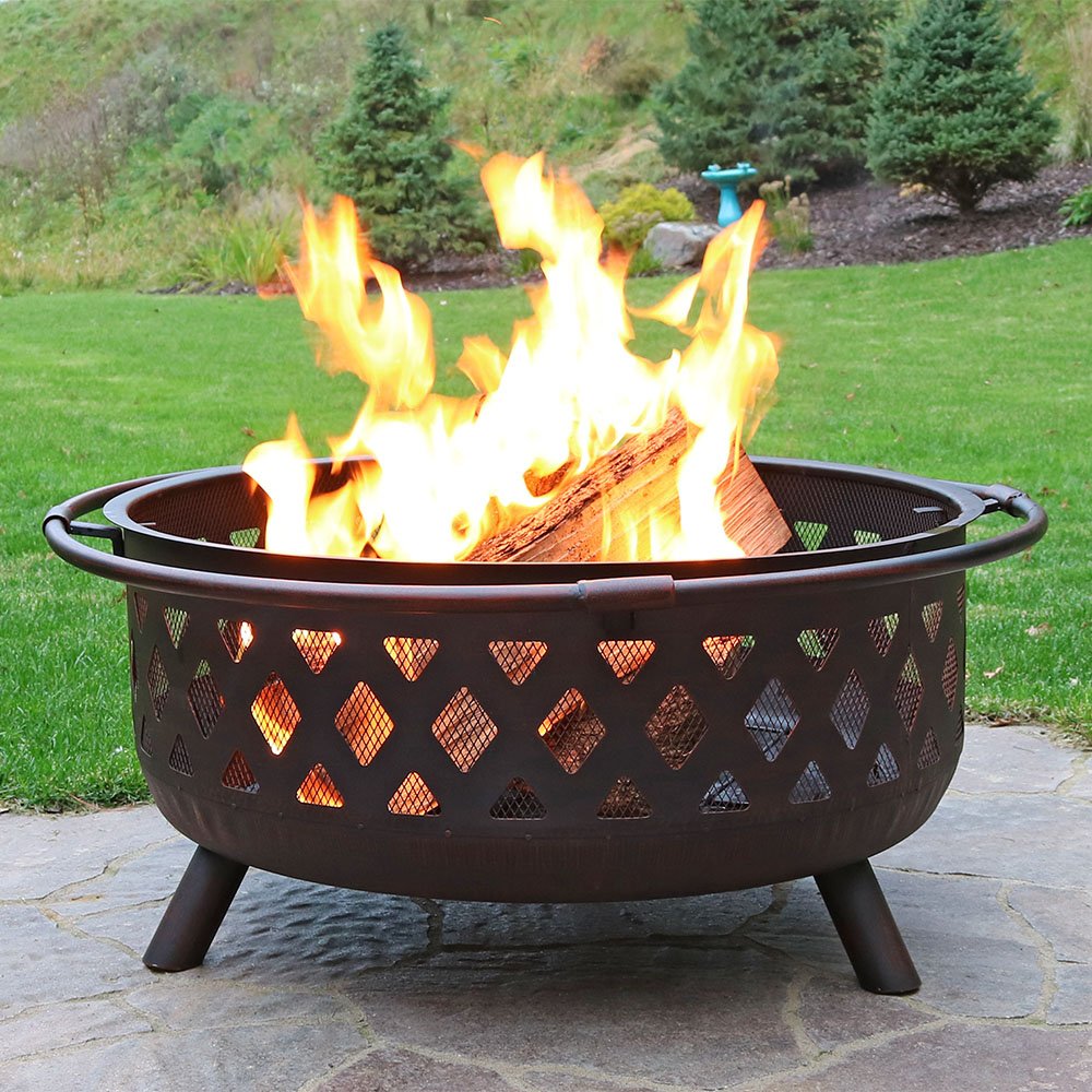 And Round Cover Bronze Sunnydaze Crossweave Outdoor Fire Pit 36 Inch Large Bonfire Wood Burning Patio Backyard Firepit For Outside With Spark Screen Fireplace Poker Patio Lawn Garden Fire Pits