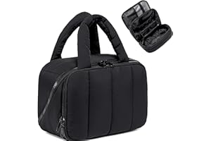 CAMTOP Travel Toiletry Bag for Women Travel Toiletry Organizer Lightweight Large Wide-open Makeup Bag Large Capacity Qulited Cosmetic Bag Puffy for Essentials Organizer (Black)