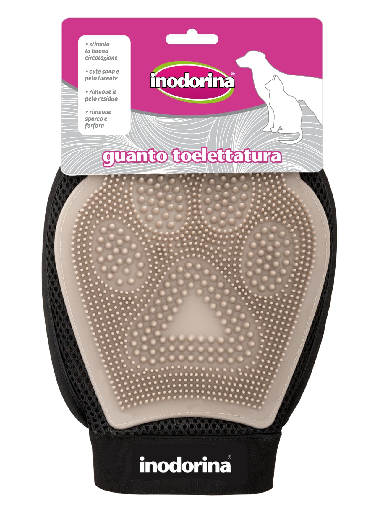 Inodorina Cat and Dog Hair Glove - With soft bristles for grooming - Detangles and removes excess hair - Stimulates circulation and shines coat during shedding periods