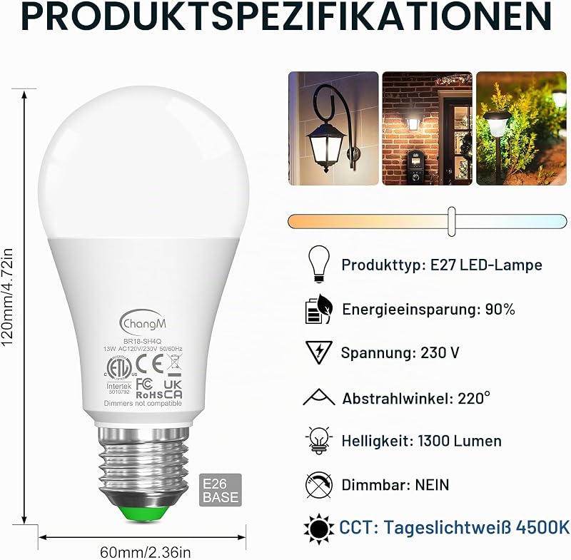 E27 Glühbirne mit Lichtsensor, LED Lampe Tageslichtsensor,Tageslicht, 2 Stück — Foto 7 von 8