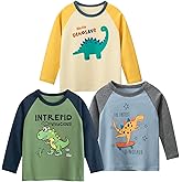 VZF Toddler Boys Color Block Long Sleeve Shirts 3-Pack Cotton Dinosaur&Car Print Boy's T-Shirts Spring/Fall for 18M-9Y