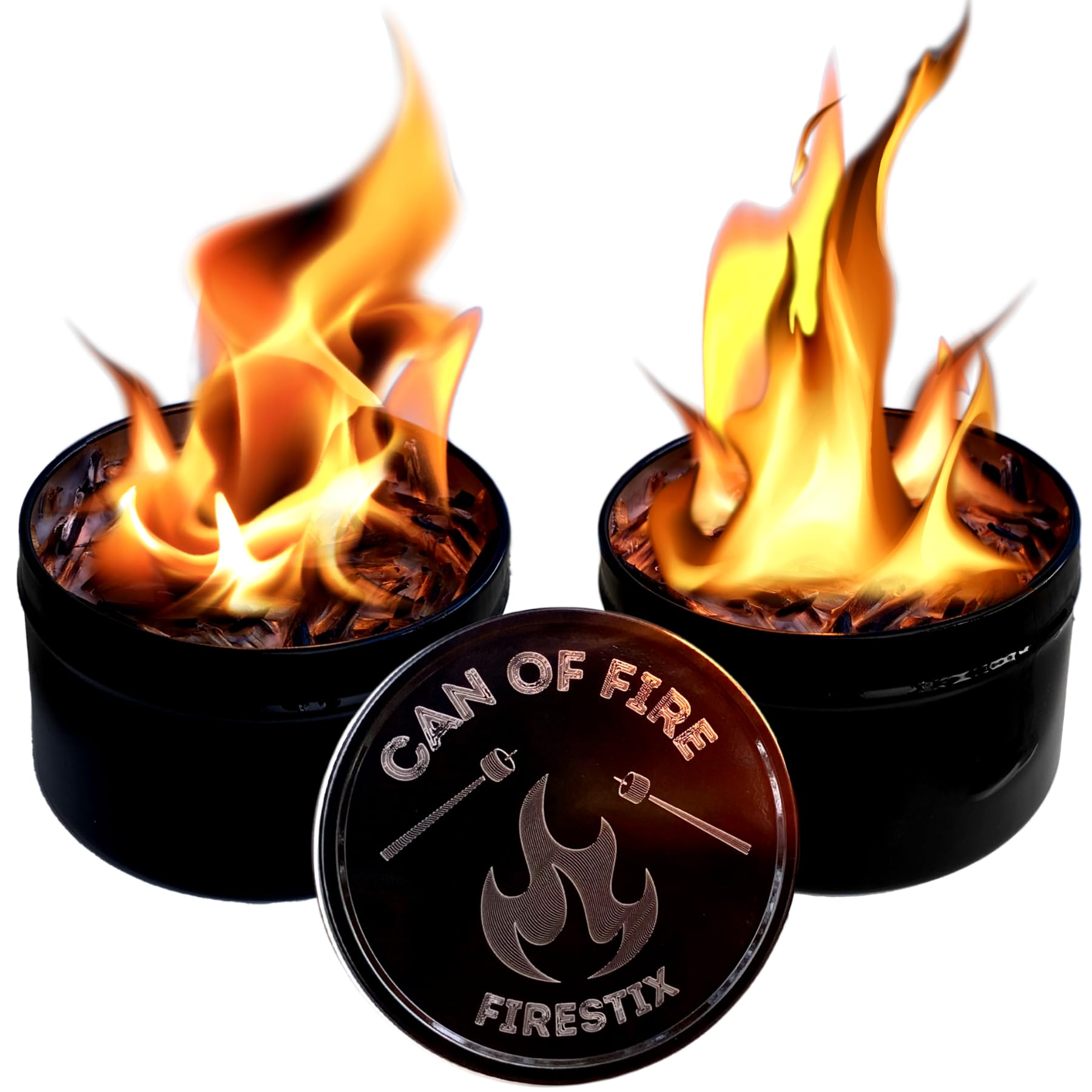 Photo 1 of [2-Pack] Can of Fire Tabletop Mini Bonfires – 2–3 Hour Burn Time – Made from Recycled Wood Chips & Paraffin Wax – Includes Safety Coasters – Reusable Flame for Camping, Ambiance, and Emergency Heat