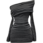 GORGLITTER Women's Y2k Off Shoulder Ribbed Mini Dress Long Sleeve Striped Bodycon Sweater Dresses