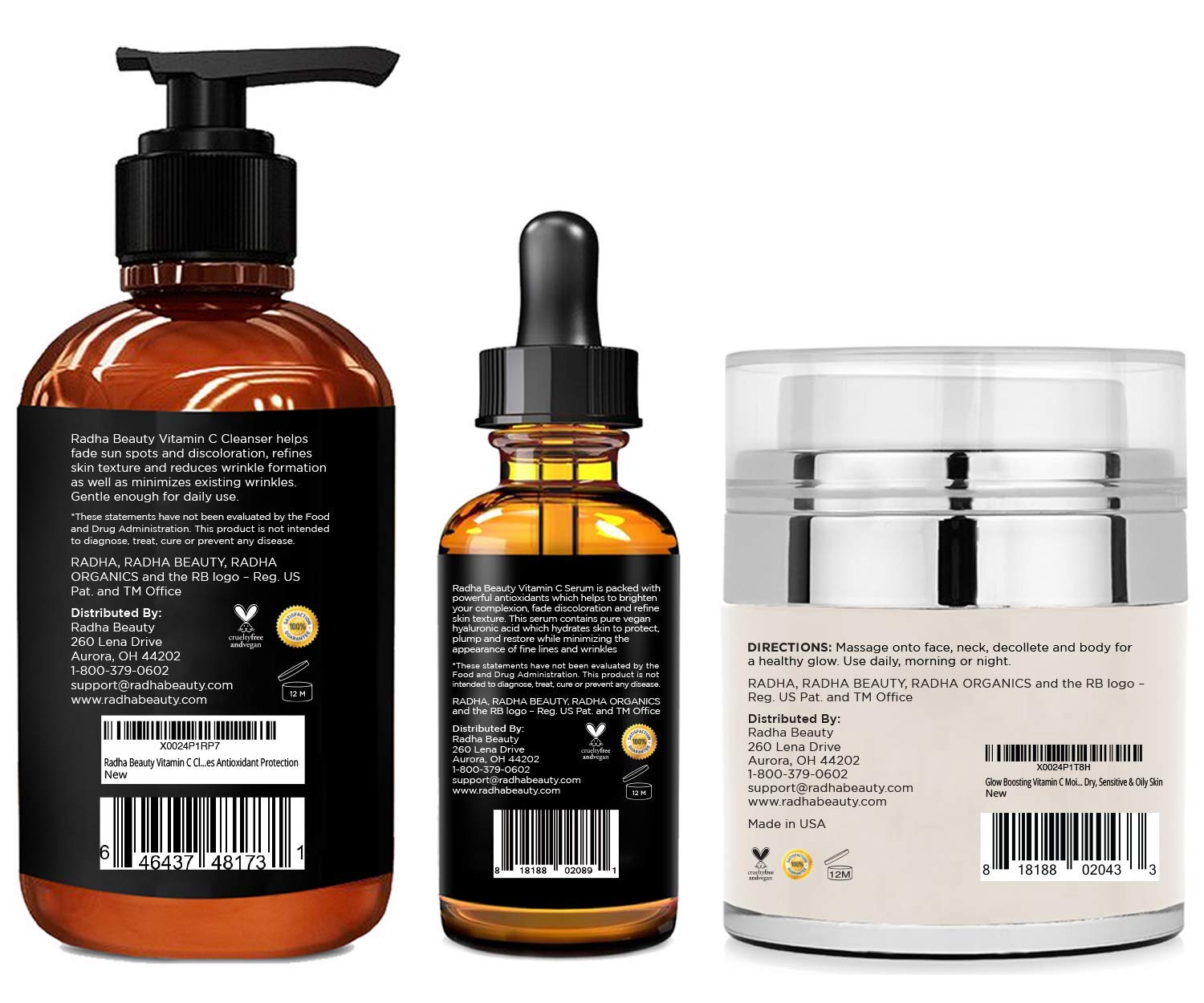 Radha Beauty Vitamin C Complete Facial Care Kit - 3-in-1 Anti-Aging Set with Cleanser, Serum, and Moisturizer for Wrinkles, Dark Spots, and Acne. Day & Night Brightening Skincare Gift Set: Beauty