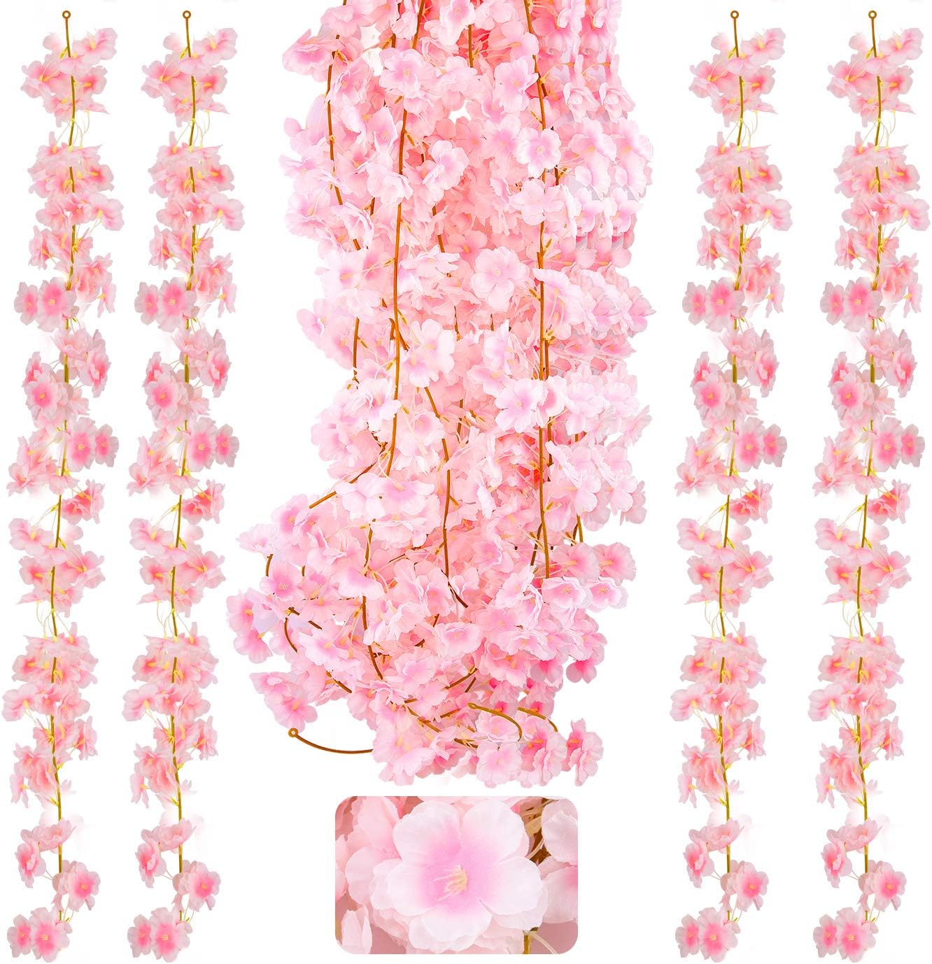 KONUNUS 4 Pack Artificial Cherry Blossom, 5.9ft Artificial Silk Cherry Blossom Hanging Vine Garland for Home Wedding Indoor Outdoor Garden Wall Decor Party Decoration(Pink, 5.9ft)