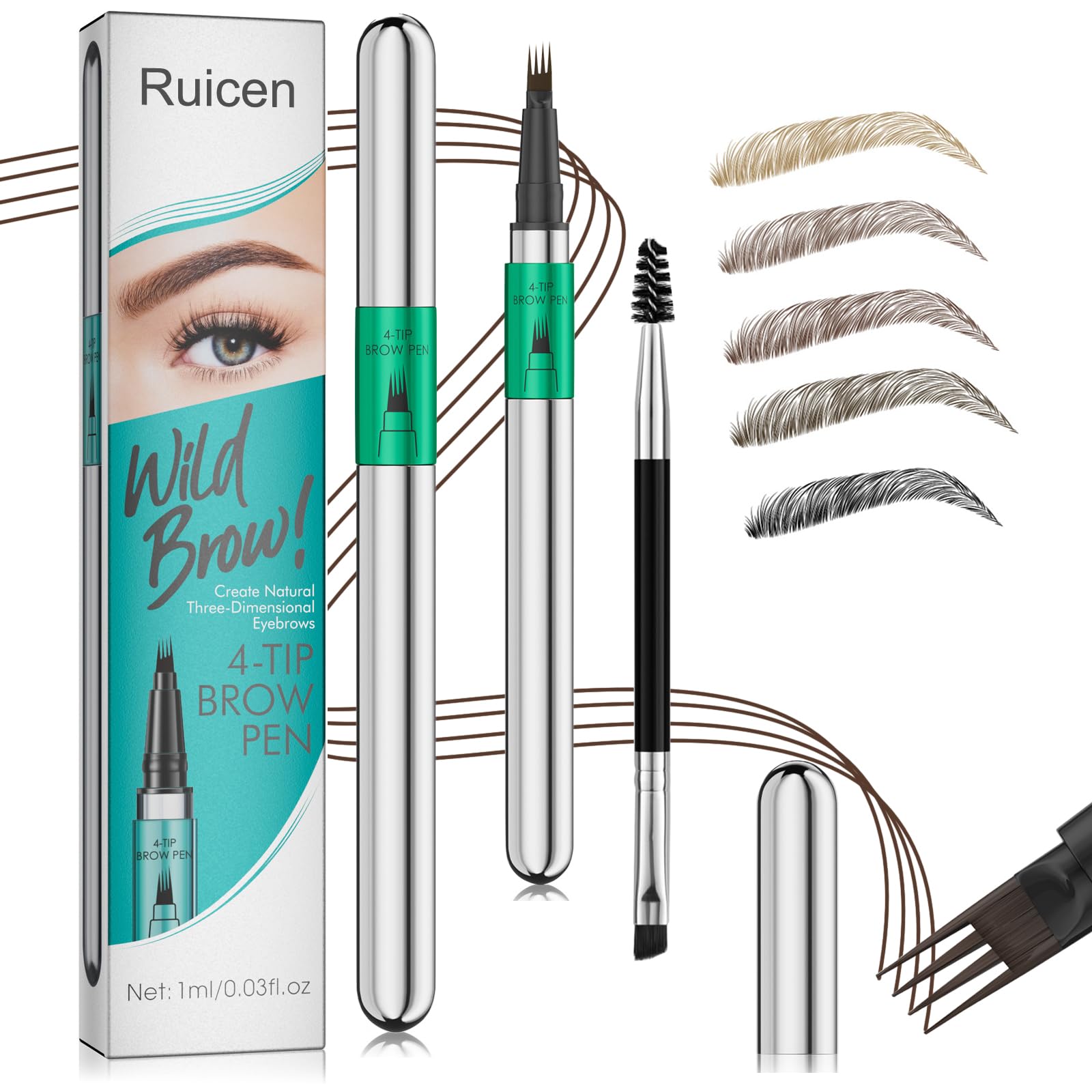 Ruicen Eyebrow Pen - Eyebrow Pencil, Upgrade Microblading Eyebrow Pen Eyebrow Pencil with Micro 4-Fork Soft Tip Create Natural Hair-Like Brows, Last All-Day, Dark Brown