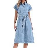 Allegra K Denim Shirt Dress for Women's Casual Button Down Short Sleeves Belted Jean Midi Dress 2025 Trendy Outfits