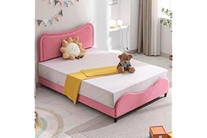 ZAFLY Twin Bed Frame for Kids, Kid Bed Frame, Kids Bed with Curved Upholstered Headboard, Princess Bed for Childs, Pink Dutch Velvet, Non-Slip Legs, Solid Wood Slats, Easy Assembly-Cute Twin