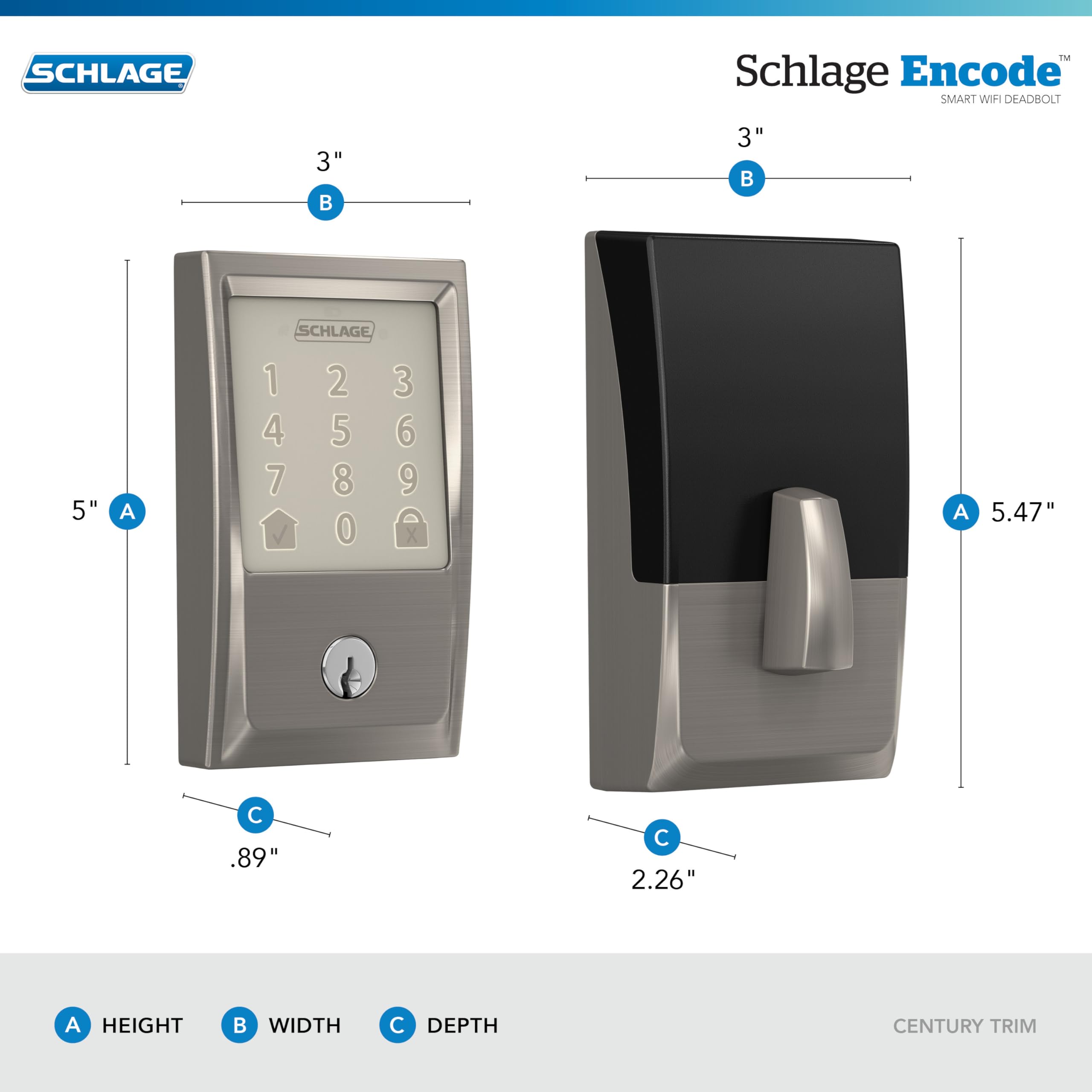 Schlage Encode Smart WiFi Deadbolt Lock for Front Door - Keyless Entry with App or Touchscreen - Works with Alexa, Hey Google, & Airbnb - Create Codes for Guests - Satin Nickel Silver - View 3