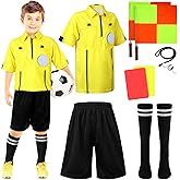 Newcotte 11 Pcs Kids Soccer Referee Kit Halloween Children Referee Costume Umpire Gear Set Youth Ref Shirt Pants Socks Whistle with Lanyard Penalty Flag Soccer Card