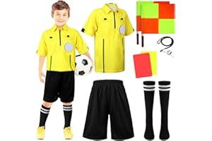 Newcotte 11 Pcs Kids Soccer Referee Kit Halloween Children Referee Costume Umpire Gear Set Youth Ref Shirt Pants Socks Whistle with Lanyard Penalty Flag Soccer Card