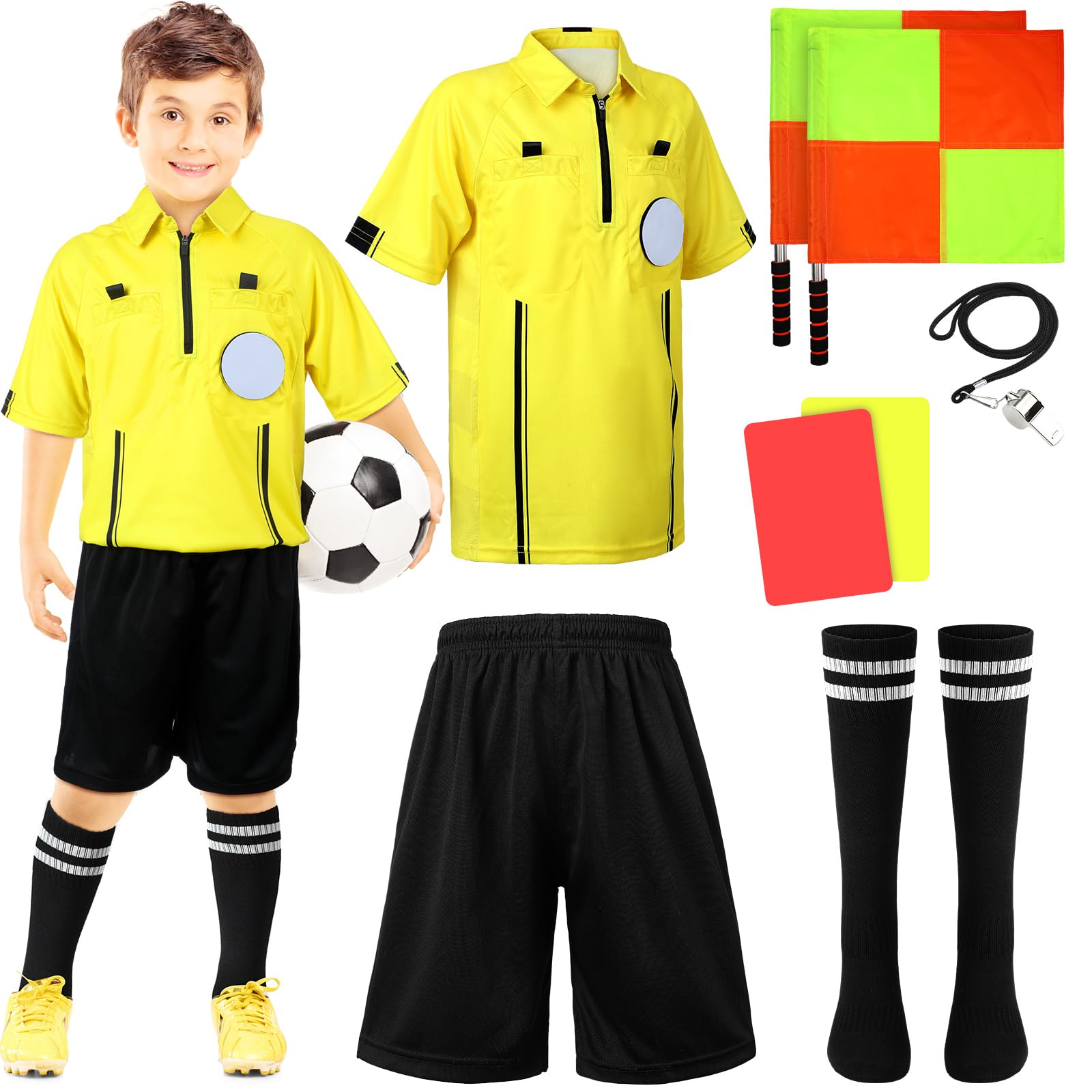 Photo 1 of Newcotte 11 Pcs Kids Soccer Referee Kit Halloween Children Referee Costume Umpire Gear Set Youth Ref Shirt Pants Socks Whistle with Lanyard Penalty Flag Soccer Card(Age 10-12)