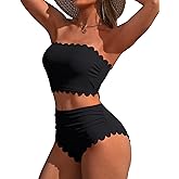 Charmo Strapless High Waisted Bikini Sets for Women Tummy Control Scallop Ribbed Bandeau Swimsuit Lace up Bathing Suits