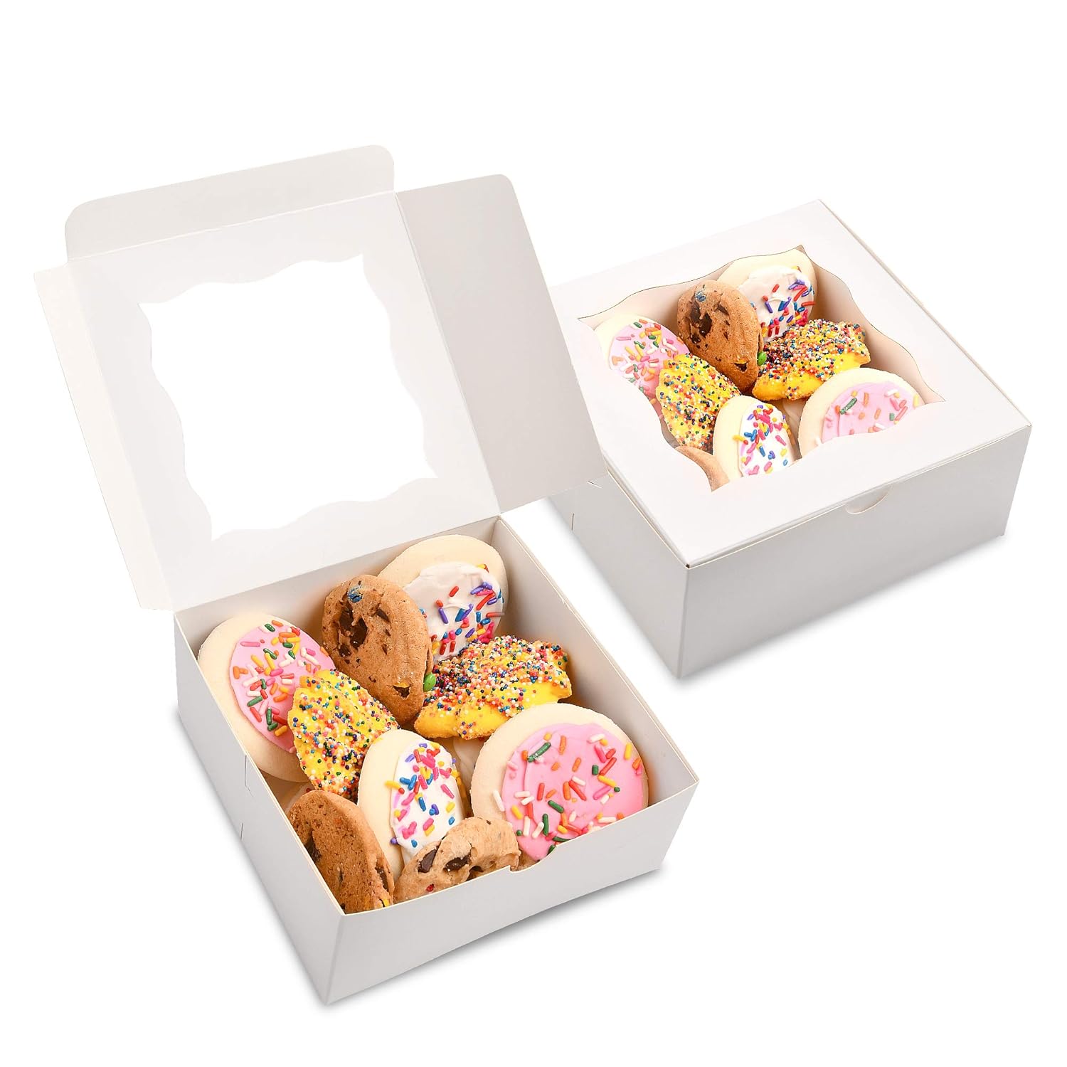 Surf City Supplies {50-Pack} White 6"X6"X2.5" Bakery Boxes with Window | Easy to Assemble, Great for Cakes, Cupcakes, Donuts, Pies, Cookies, Pastries, Cheesecake, Candy, Brownies, Essential Oil, Soap.