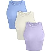 OLCHEE Womens 3 Pack Crop Tank Tops Basic Seamless Ribbed Round High Neck Racerback Workout Top Summer Causal Yoga Gym Shirts