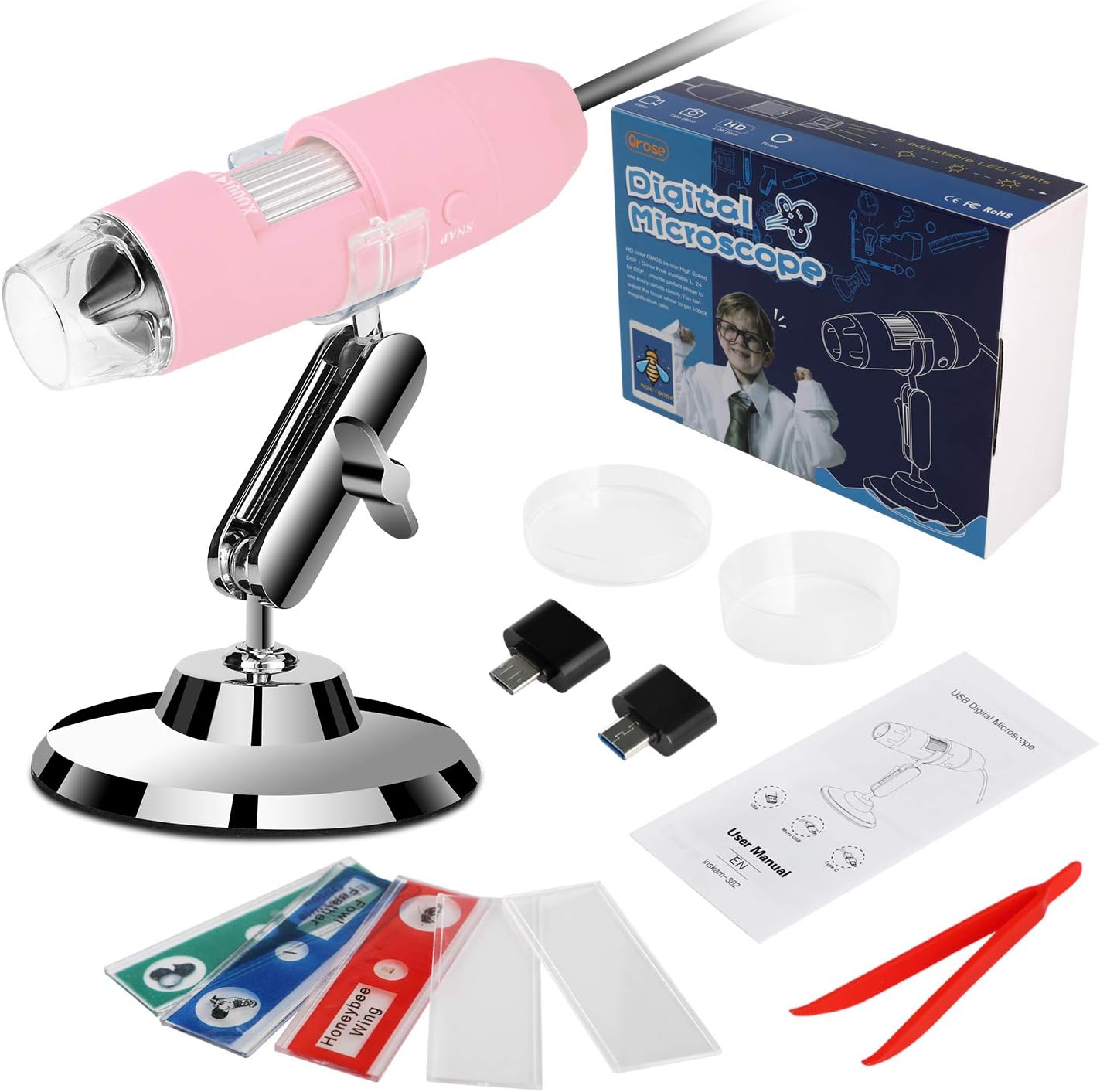 USB Microscope Set, QRose Digital Microscope Camera with 1080P HD 2MP 50x to 1000x Magnification Endoscope for Android Smartphone, Widows, Mac PC Best Kids Gifts