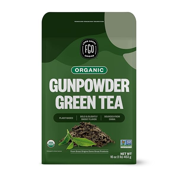FGO ORGANIC GUNPOWDER GREEN TEA, LOOSE LEAF, 16OZ BULK RESEALABLE BAG, PACKAGING MAY VARY (PACK OF 1)