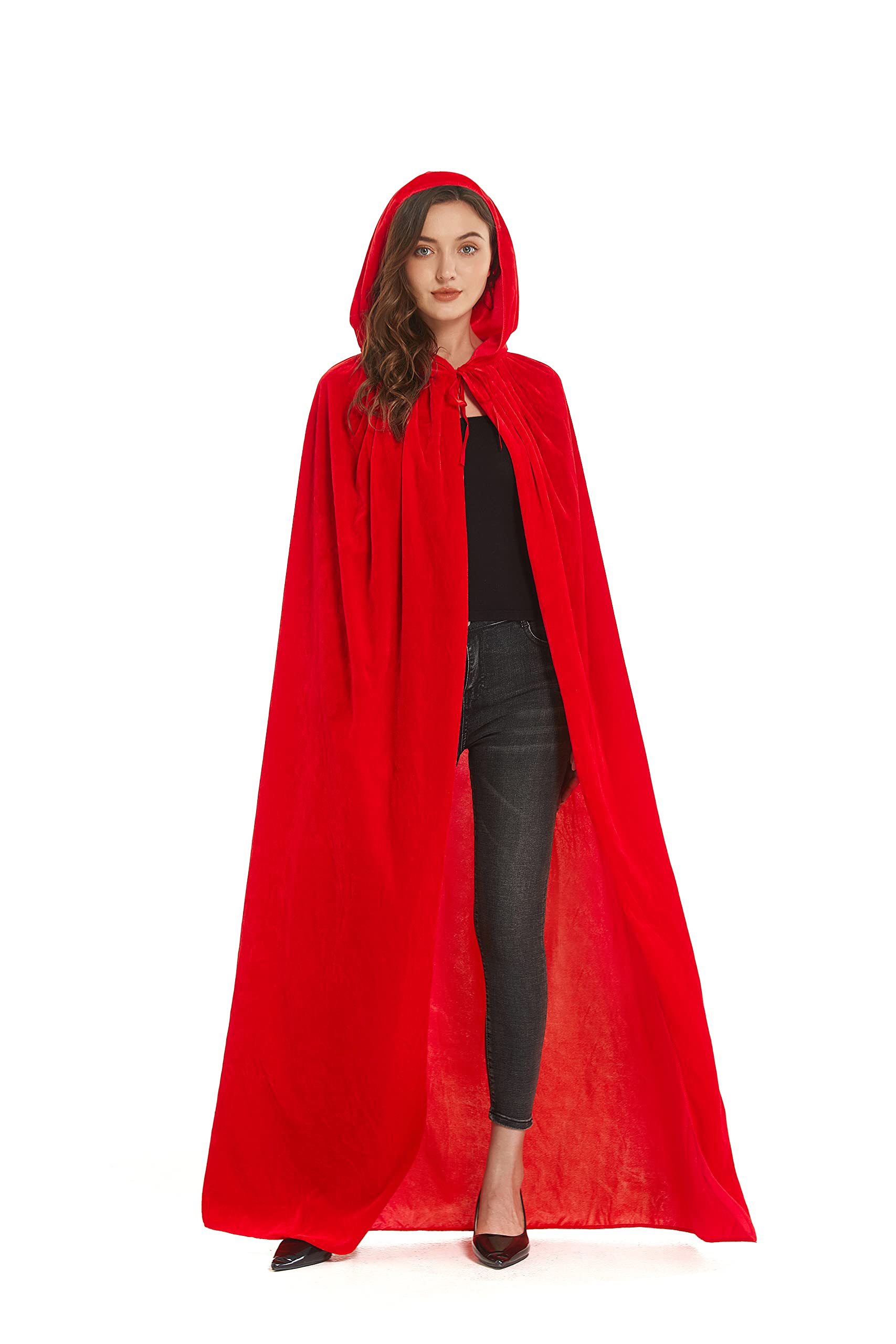 DIFLY 59" Velvet Hooded Cape Unisex Halloween Cloak for Devil Witch Wizard Halloween Christmas Cosplay (Red)
