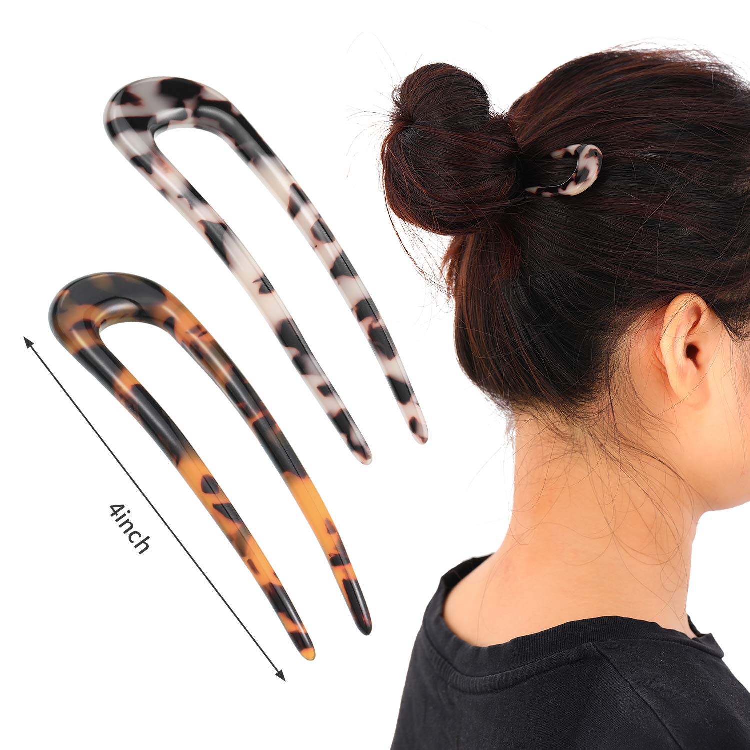 4 Pieces Cellulose Acetate Tortoise Shell U-Shaped Hair Pin French Style Hair Stick 2 Prong Updo Chignon Pins for Women Girls : Beauty