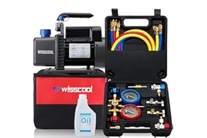 Wisscool 3.5CFM AC Vacuum Pump and 3 Way Gauge Set, 110V 1/4 hp HVAC Air Vacuum Pump Manifold Gauge Kit with 3 Hoses Adapters Accessories Carry Bag for R134a R12 R22 R502 Refrigeration Auto Systems