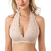 Floral Lace Halter Bra Bralette Top Hook and Eye Closure Back Unpadded Wirefree Lace Bra