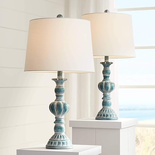 Tanya Traditional Table Lamps Set Of 2 Blue Washed Tapered Drum Shade For Living Room Bedroom Bedside Nightstand Office Family Regency Hill