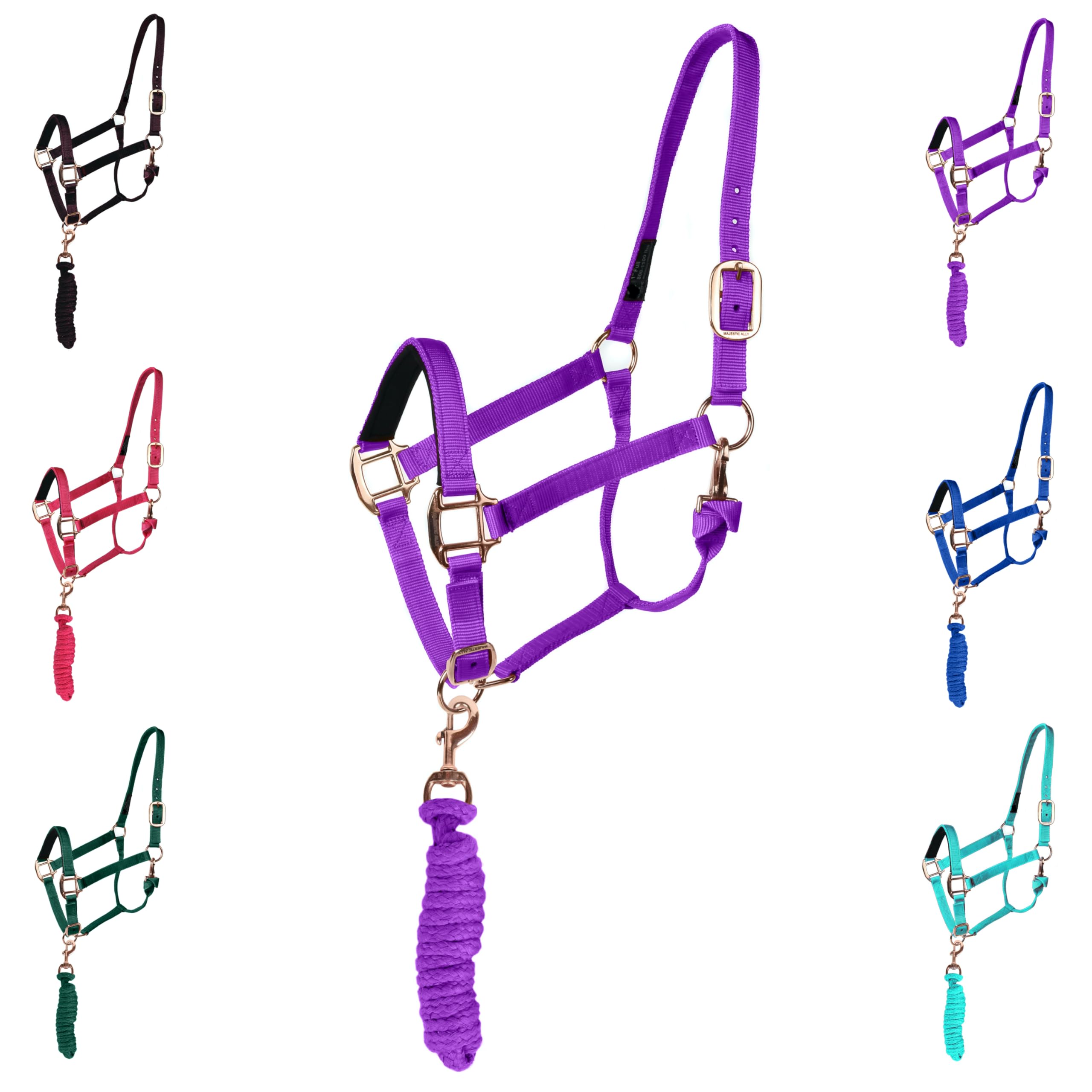 Majestic Ally Halter with Lead Rope for Horses–Adjustable Chin and Crown–Rolled Throat Latch with Replaceable Snap–Padded Noseband–Heavy Duty Rose Gold Finish Hardware–Full (Purple, Full)