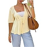 SOLY HUX Women's Crochet Knitted Cardigan Bow Tie Front Deep V Neck Half Sleeve Hollow Out Sweater Tops