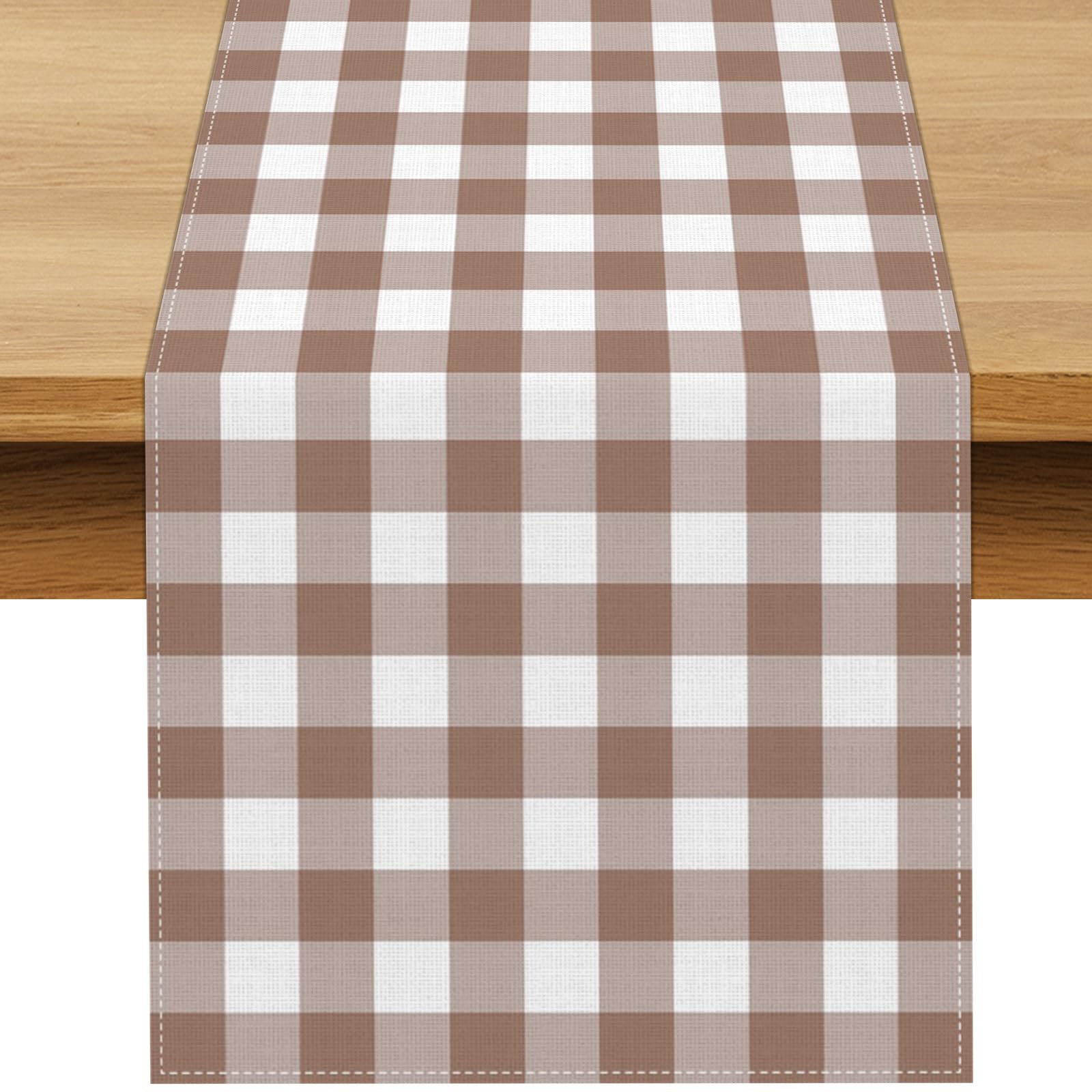 Photo 1 of Buxiuer Khaki Gingham Table Runner Light Brown Khaki and White Checkered Birthday Wedding Baby Shower Party Decoration BBQ Picnic Home Kitchen Table Decor (13" x 72")