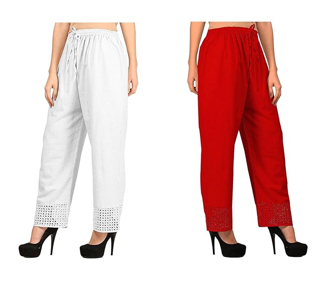 Women's Cotton Palazzo Designer Plain Casual Wear Palazzo for Women/Girl Combo Cotton Palazzo Color-White_ RED