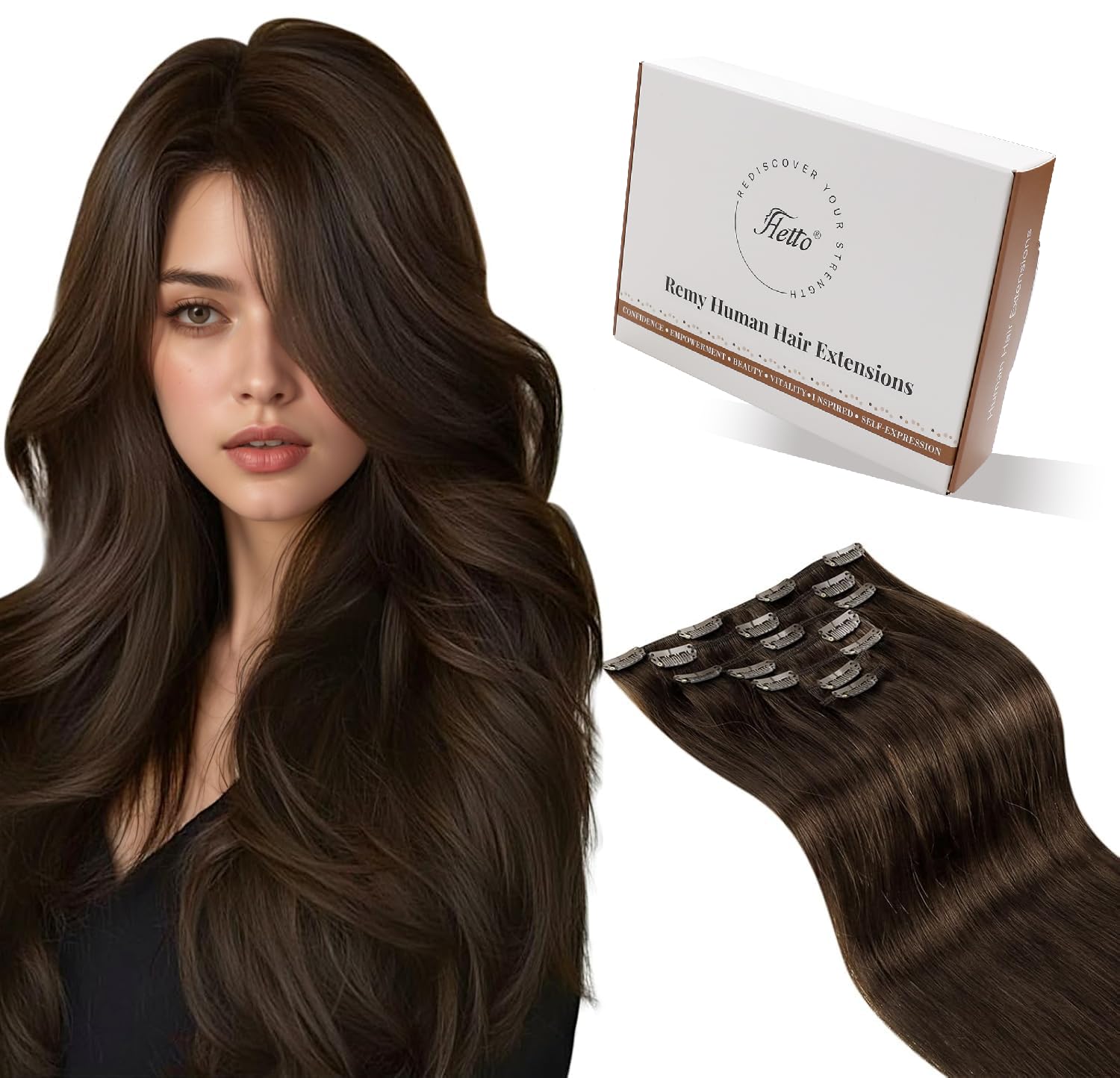 Hetto Clip in Hair Extensions Real Human Hair Brown 120g 7pcs - Full Head Hair Extensions Clip in Human Hair Invisible, Easy Wear for Quick Daily Touch-Ups for Formal Events #4 14 Inch