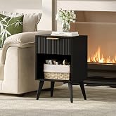 YAUKOMEL Fluted Nightstand with Opening Storage,Bedside Table,Black | Mid Century Night Stand with Drawer,Modern Side Table with Solid Wood Legs,End Table Side Table for Living Room,Bedroom