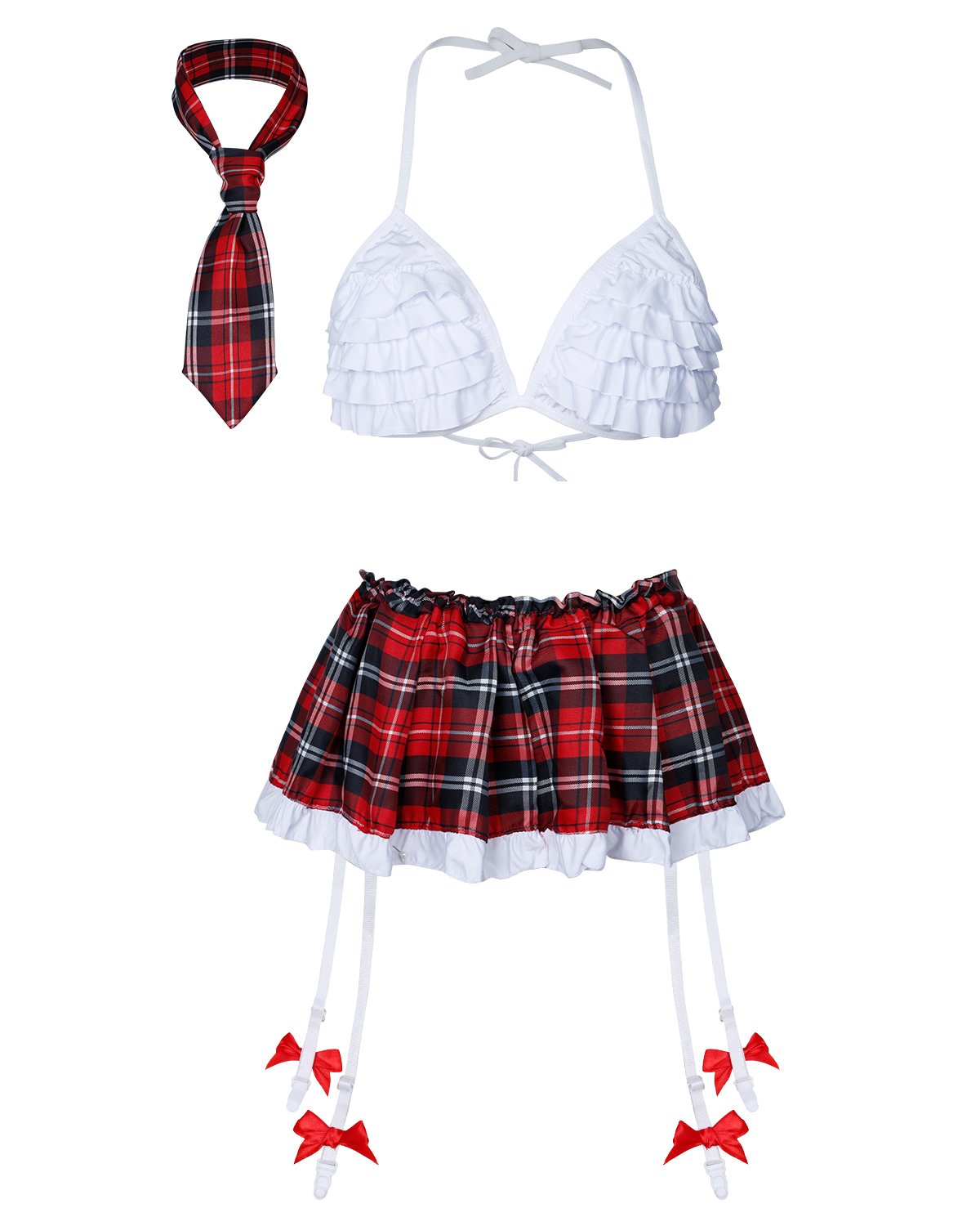 WESIDOM Women\'s Schoolgirl Lingerie Set,Plaid Skirt School Girl Uniform Costume 3 Pieces Set