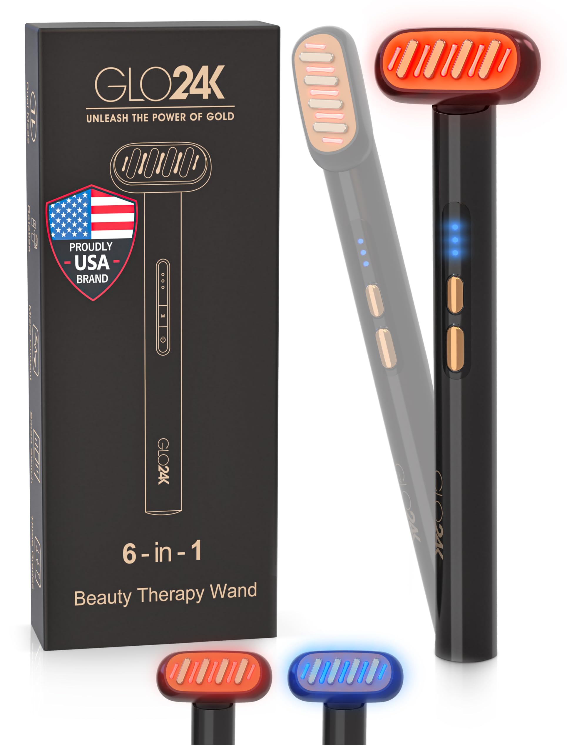 GLO24K 6-IN-1 Beauty Therapy Wand for the Face, Eyes, and Neck I Based on Dual LED Light Therapy, Thermal, Vibration, and Micro-Current Technologies I Award Winning for Best Product