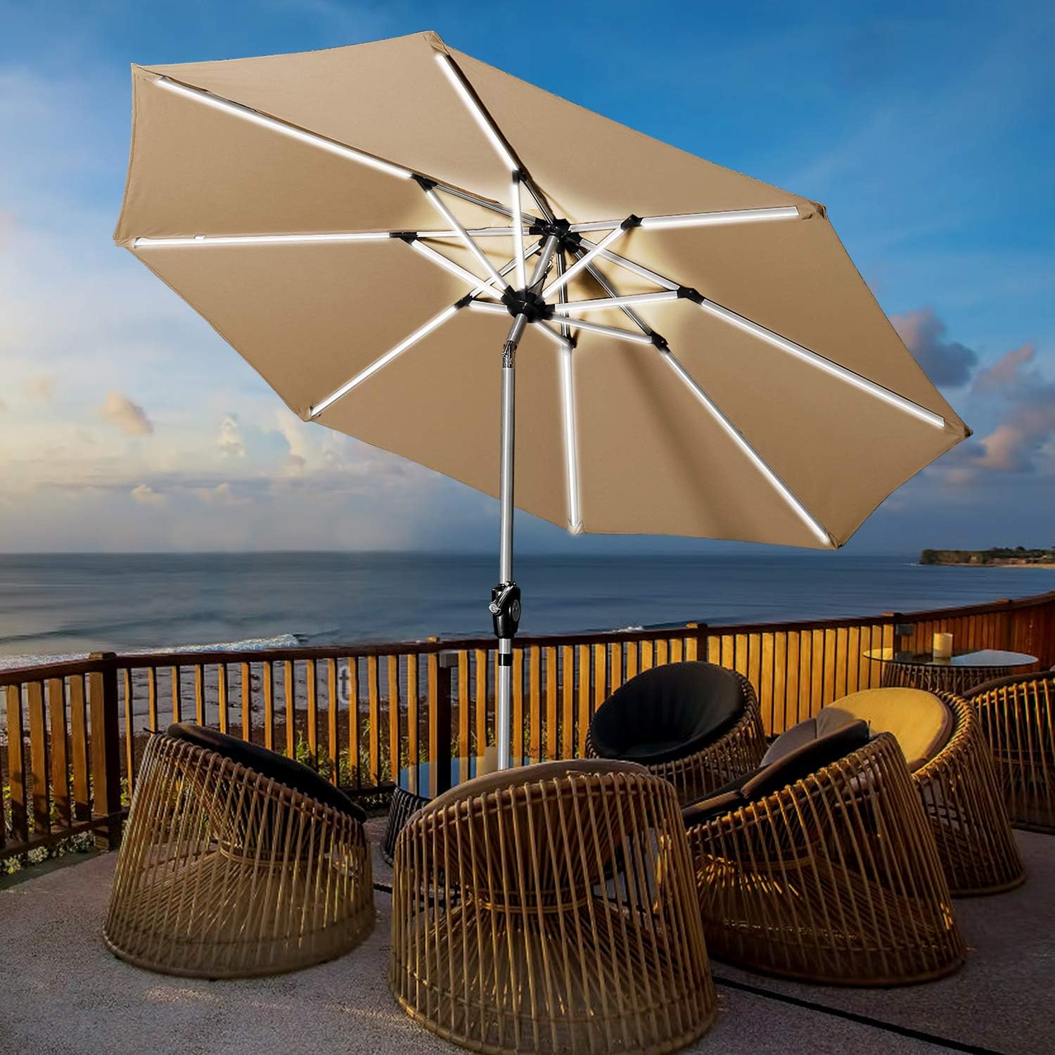 Aok Garden 9' Patio Umbrella, Outdoor Solar LED Table Market Umbrella with Push Button Tilt/Crank 8 Ribs,Silver Pole & Sand Cloth
