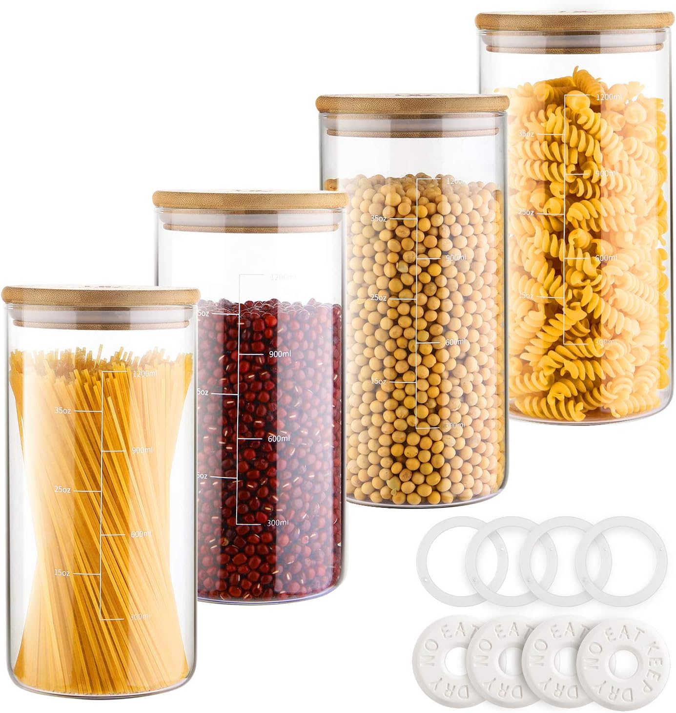 Hiroumer Vorratsdosen Glas mit Deckel 4 * 1300ml, mit Teilstrichen Vorratsglas Set, Freier Trockener Block, 4 Zusätzliche Dichtringe, 100% Versiegelte Gewürzgläser, Spülmaschinenfest, BPA Frei